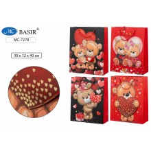 Пакет подарочный МИШКИ LOVE 30*12*40см, плотный,объемная аппликация с золотым тиснением
