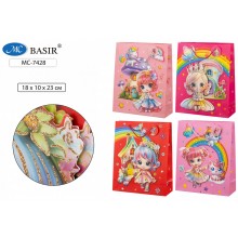 Пакет подарочный КУКОЛКА 18*10*23см плотный,цветной, объем.аппликация с блестками